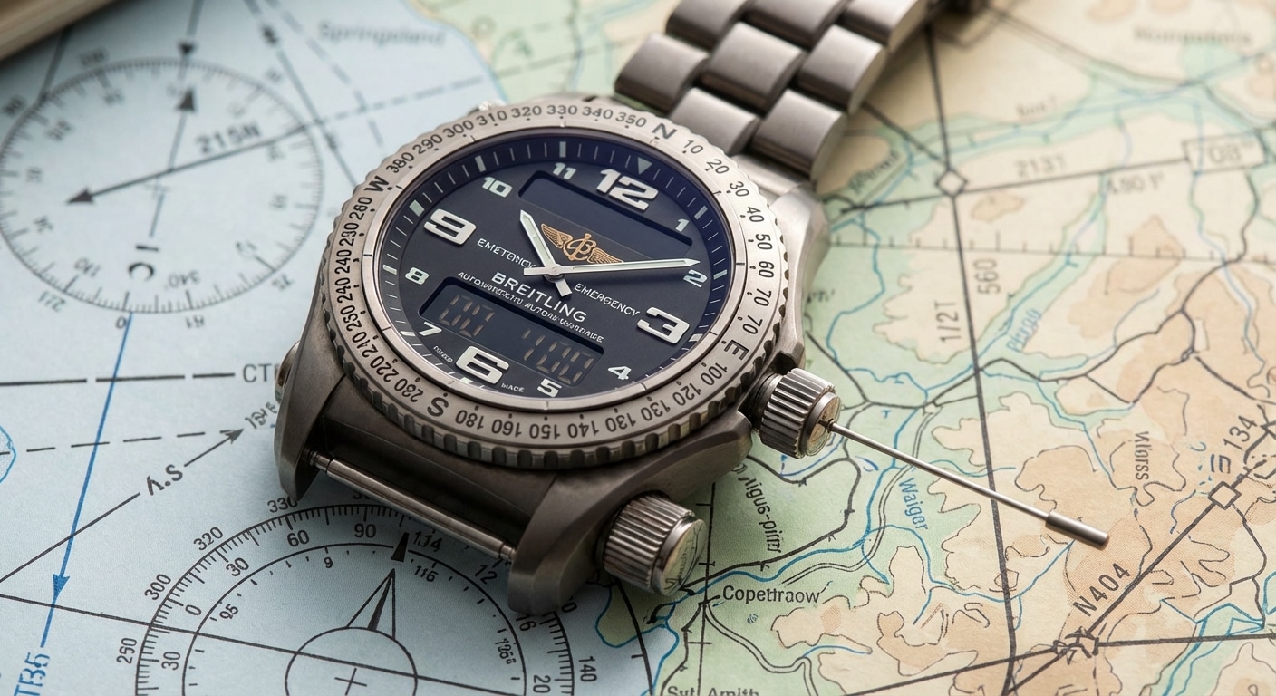 Breitling Emergency watch with antenna crown extended against aviation chart background
