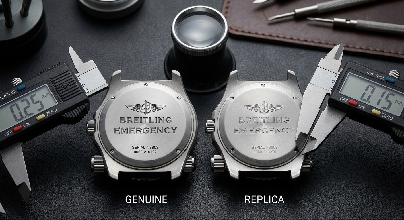 Close-up comparison of genuine and replica Emergency caseback engravings showing dimensional tolerances