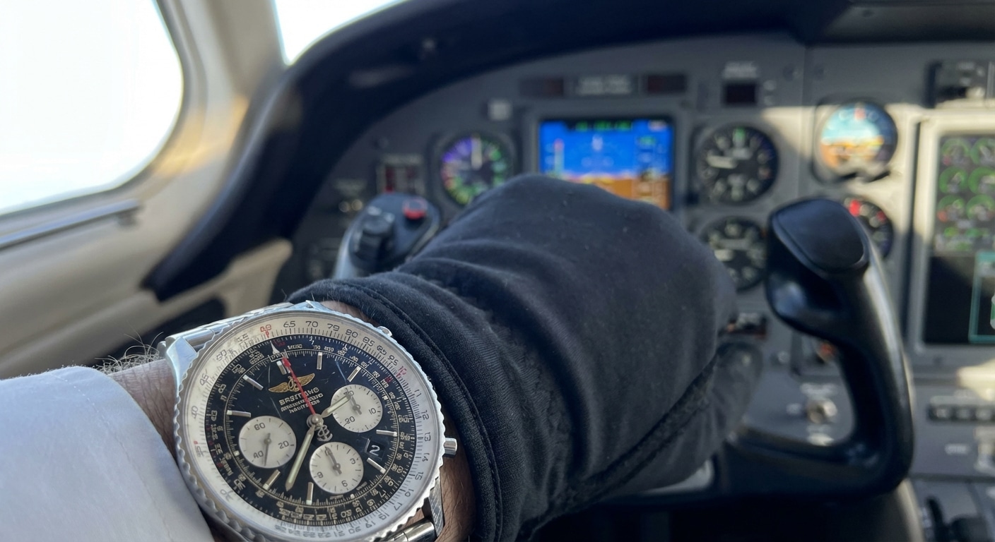Cockpit interior with pilot's wrist showing bezel wear pattern concentrated at 12 o'clock position