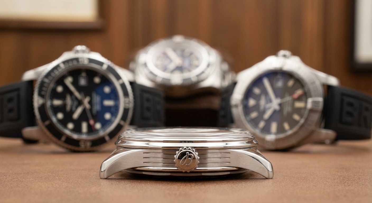 A 40mm Breitling Premier case profile positioned against a blurred background of oversized dive watches, emphasizing dimensional restraint