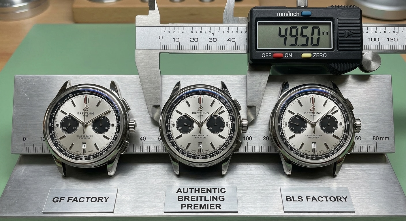 Comparative lug-to-lug measurement demonstration showing authentic Breitling Premier alongside GF and BLS factory variants on calibrated measurement platform