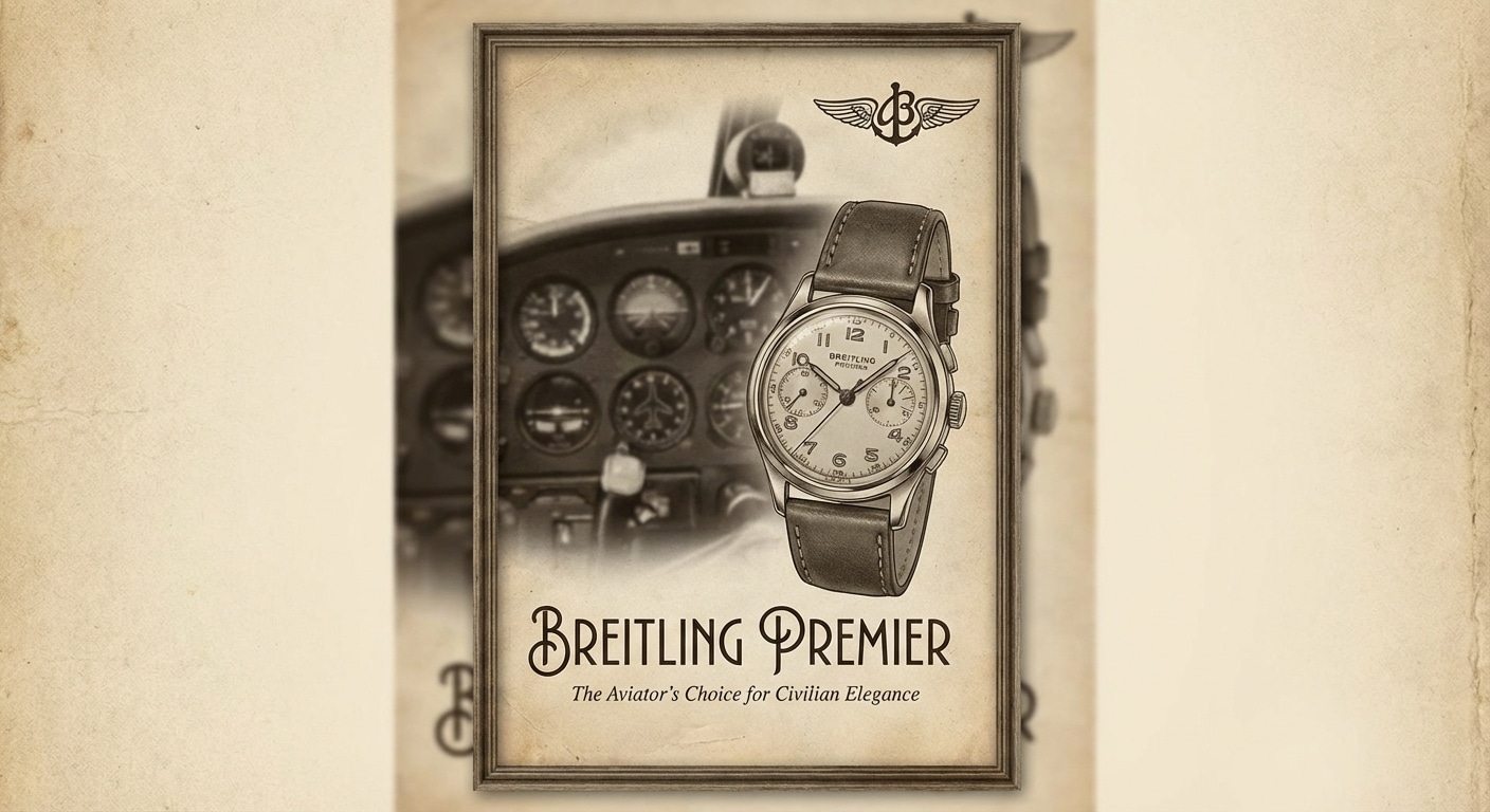 Historical Breitling Premier advertisement from 1940s showing civilian dress watch positioning against aviation instrument background