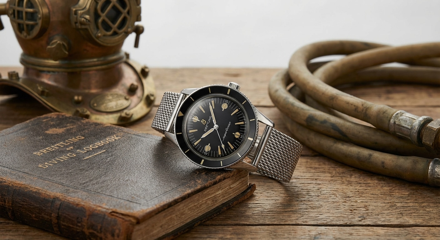 A vintage Breitling SuperOcean reference 1004 from 1957 photographed against period diving equipment including brass helmet and rubber hoses