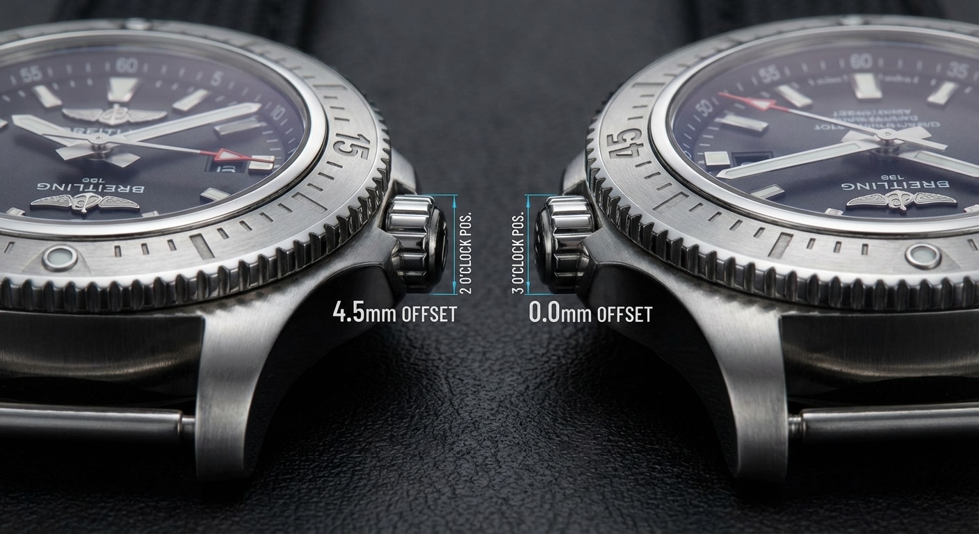 Comparative macro photography showing 2 o'clock versus 3 o'clock crown positions on diver watch cases with measurement overlays