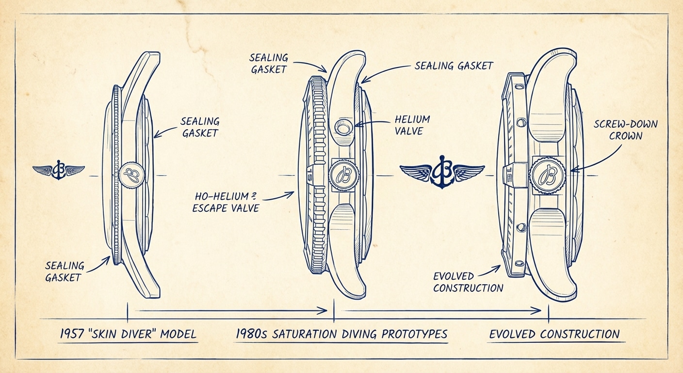 Technical diagram showing evolution of Breitling Superocean case construction from 1957 skin diver through 1980s saturation diving prototypes