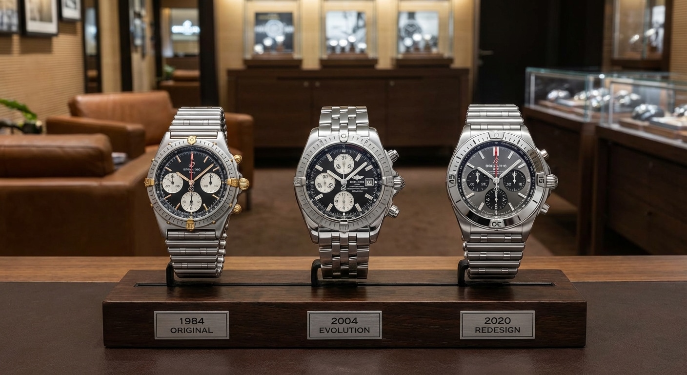Three Breitling Chronomat watches arranged chronologically showing 1984 original, 2004 Evolution, and 2020 redesign case profiles