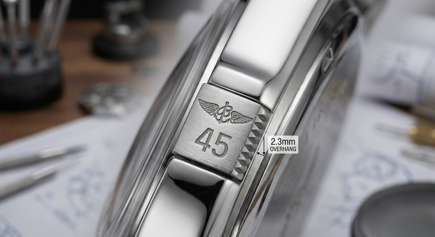 Close-up of 1984 Chronomat rider tab showing 45-degree serration pitch and 2.3mm overhang measurement