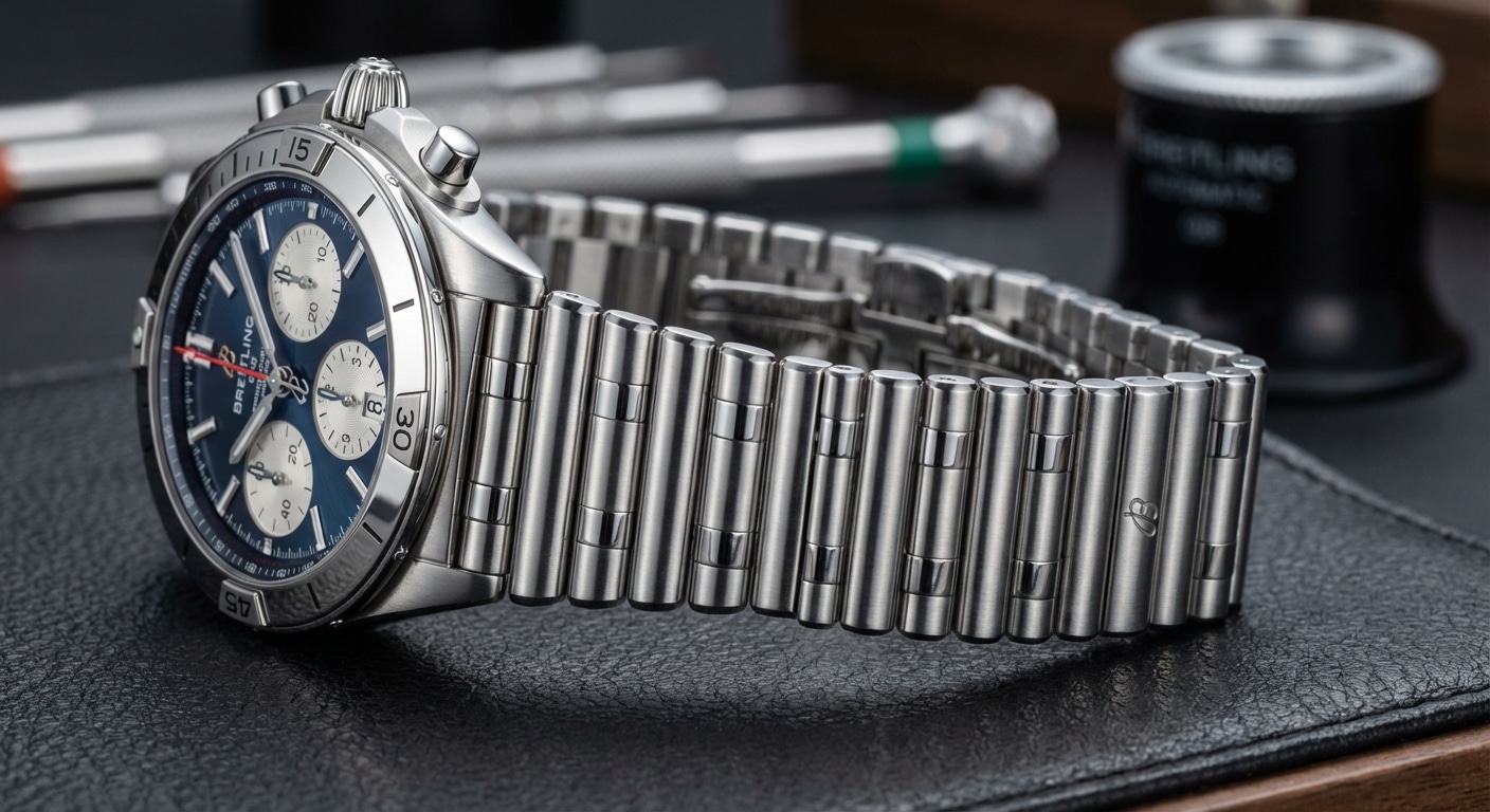 Breitling Rouleaux bracelet cylindrical links creating specular highlights under studio lighting