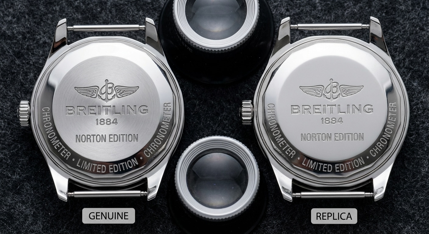 Close-up comparison of genuine and replica Breitling Norton Edition caseback engravings showing laser depth variations