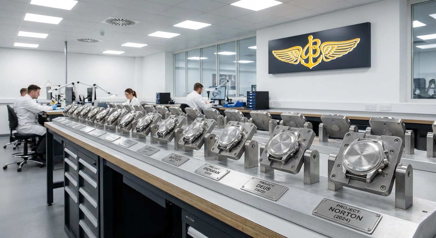Factory production floor showing Breitling collaboration caseback fixtures arranged by project timeline