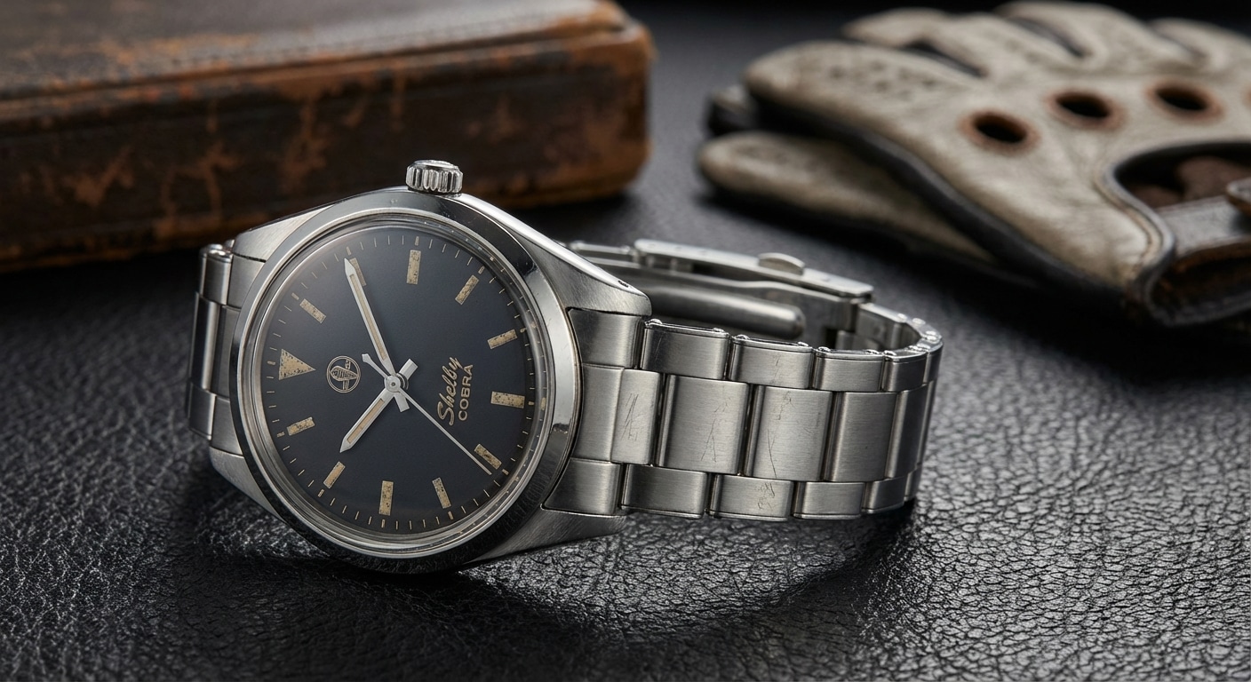 A Shelby Cobra replica watch with printed indices and pressed end links, showing cost-reduction measures from late production batches