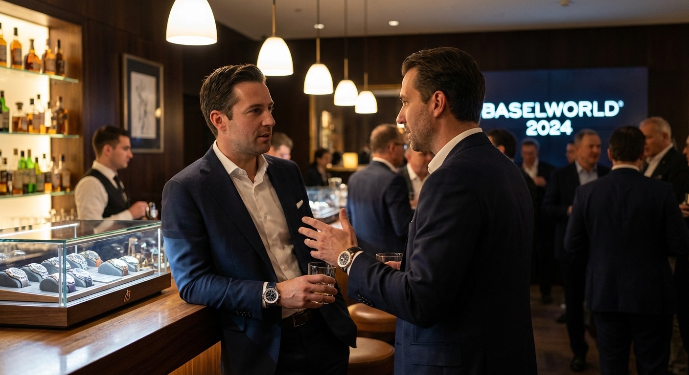 Two men in suits conversing at a dimly lit hotel bar during Baselworld 2024