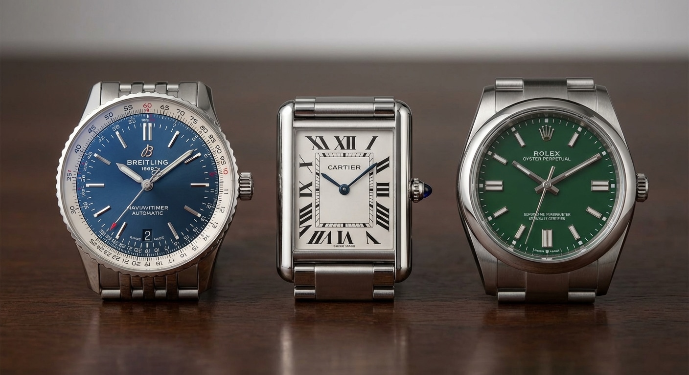 A comparative display of three 36mm watches from Breitling, Cartier, and Rolex showing case proportion differences under studio lighting