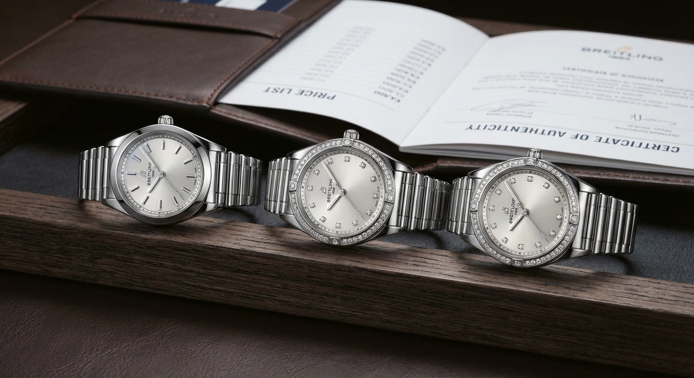 Diamond-set and steel Breitling 36mm watches arranged side by side with price documentation visible in background