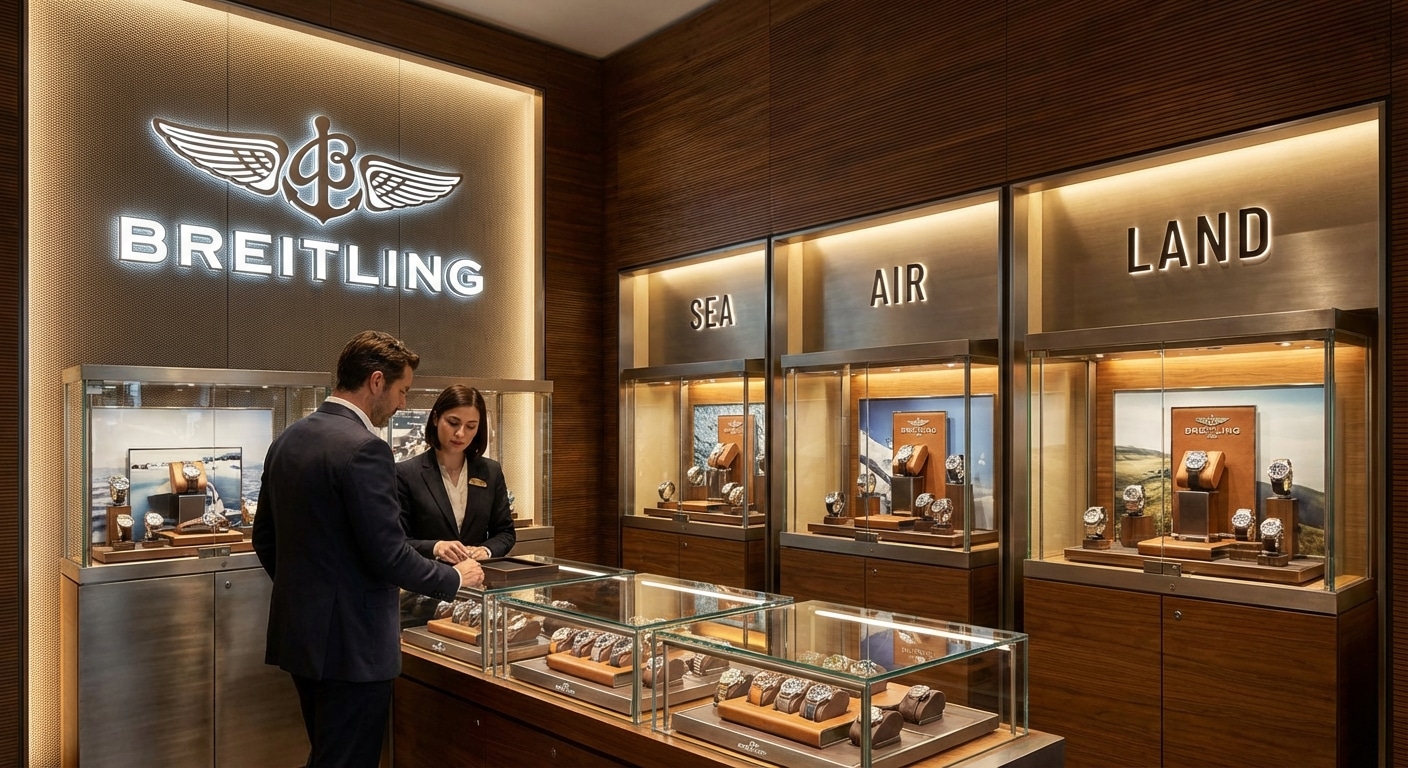 Breitling boutique interior showing the three universe displays with Sea, Air, and Land categorization signage