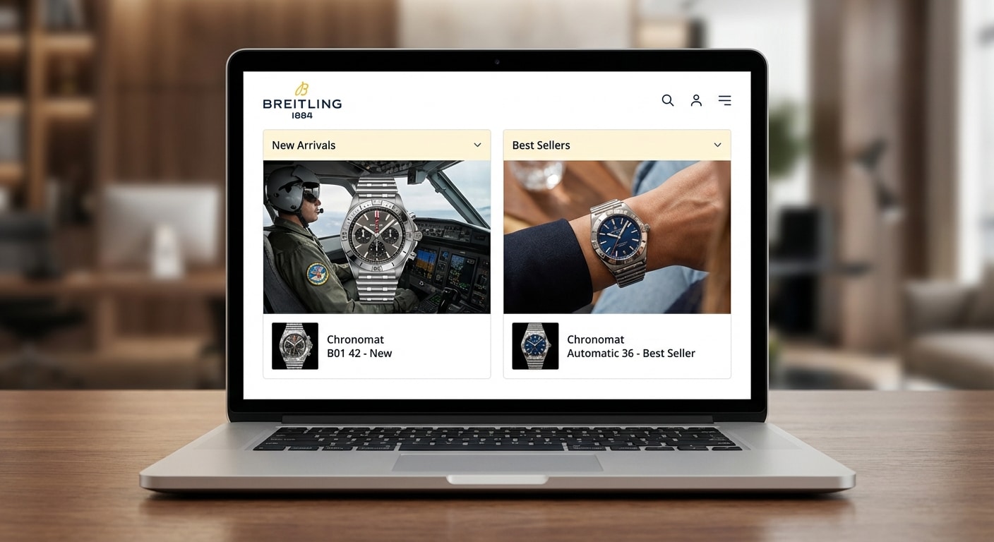 Close-up comparison of Chronomat watch listings on Breitling website showing different category placements and hero images