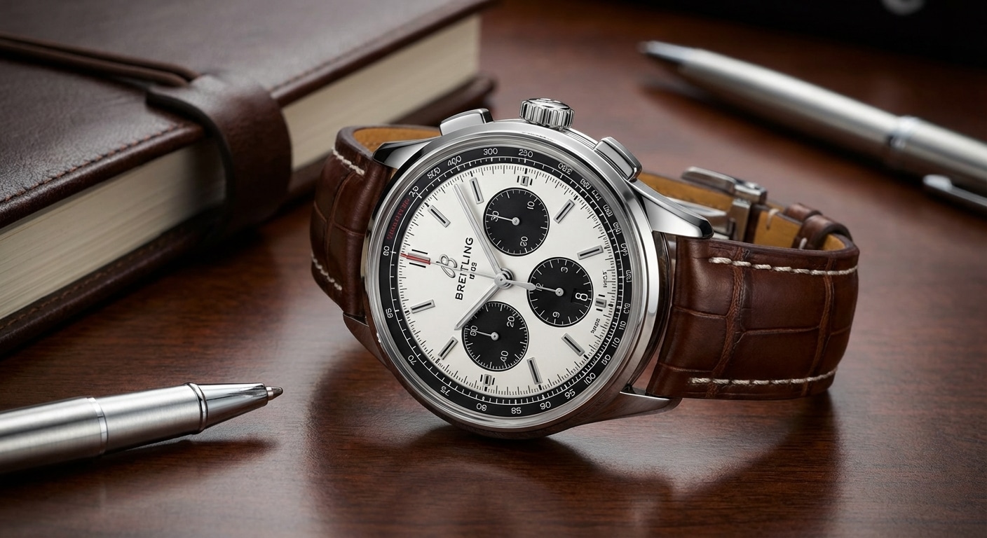 Breitling Premier B01 Chronograph 42 with panda dial configuration on leather strap