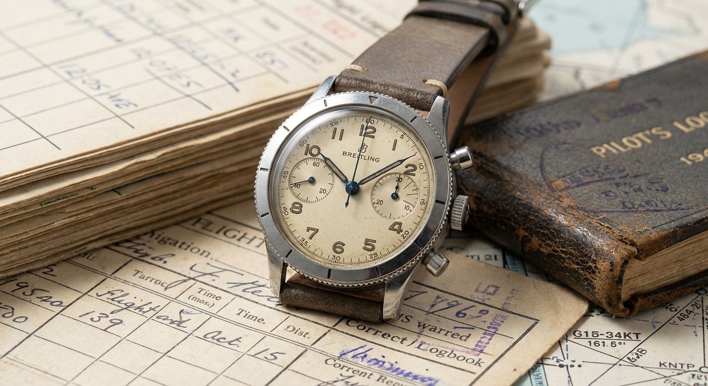 A 1943 Breitling Ref. 768 pilot's chronograph with unmarked bezel and clean dial layout displayed against period aviation documentation