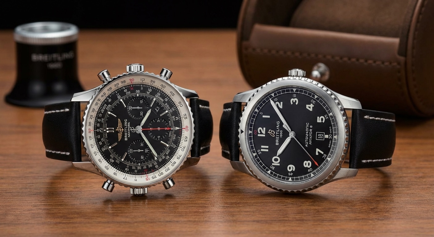 Comparative display of Breitling Navitimer and Aviator 8 dials showing bezel complexity versus clean instrument-panel layout
