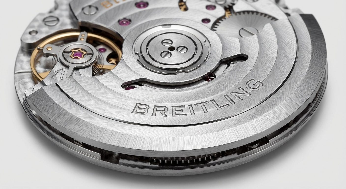 Macro photograph of Breitling Caliber 17 movement showing perlage finishing on barrel bridge extending to edge termination