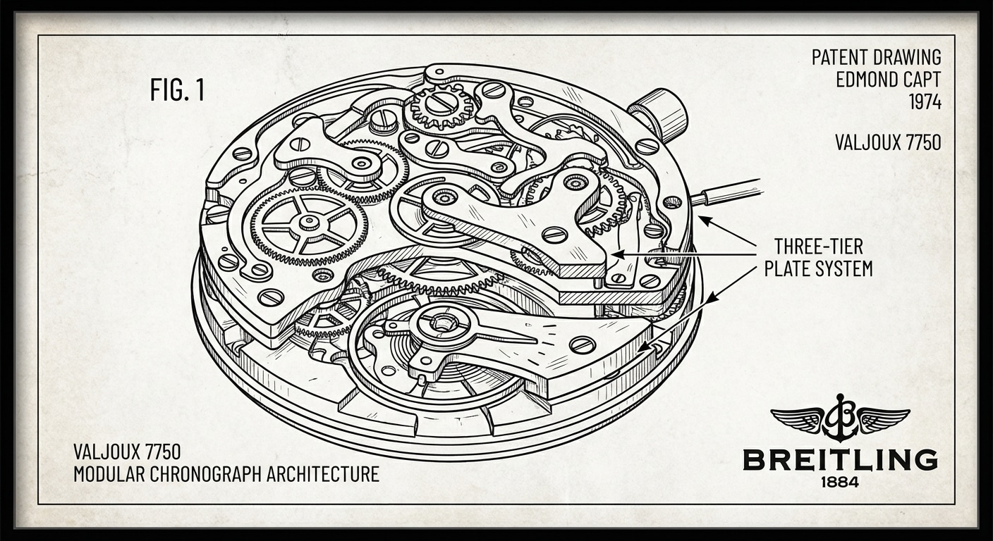 Technical patent drawing of Edmond Capt's 1974 Valjoux 7750 modular chronograph movement architecture showing three-tier plate system