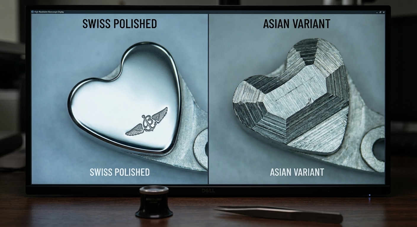 Microscopic comparison of heart cam profiles showing smooth Swiss polished transition versus faceted Asian variant with visible machining steps