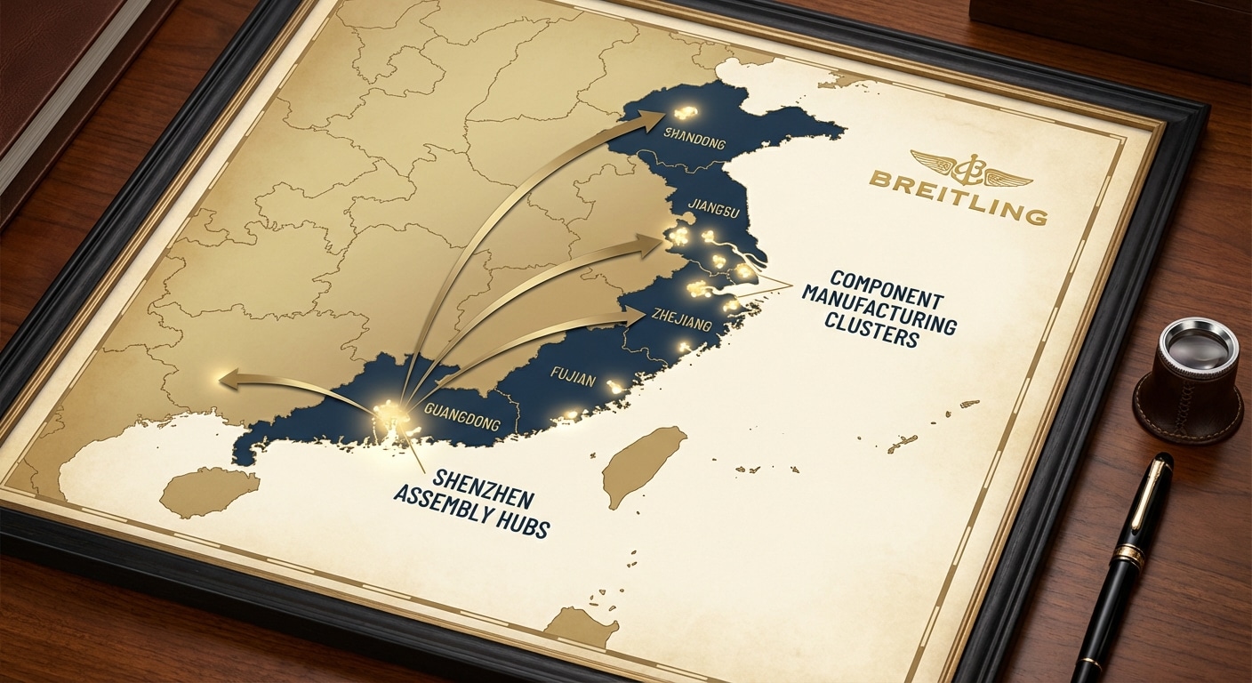 Geographic map showing watch component manufacturing clusters across China's coastal provinces with arrows indicating supply chain flows to Shenzhen assembly hubs