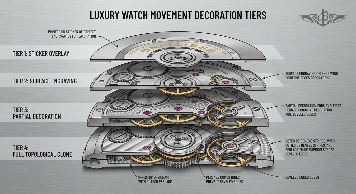 Cross-section diagram showing four tiers of replica movement decoration from sticker overlay to full topological clone
