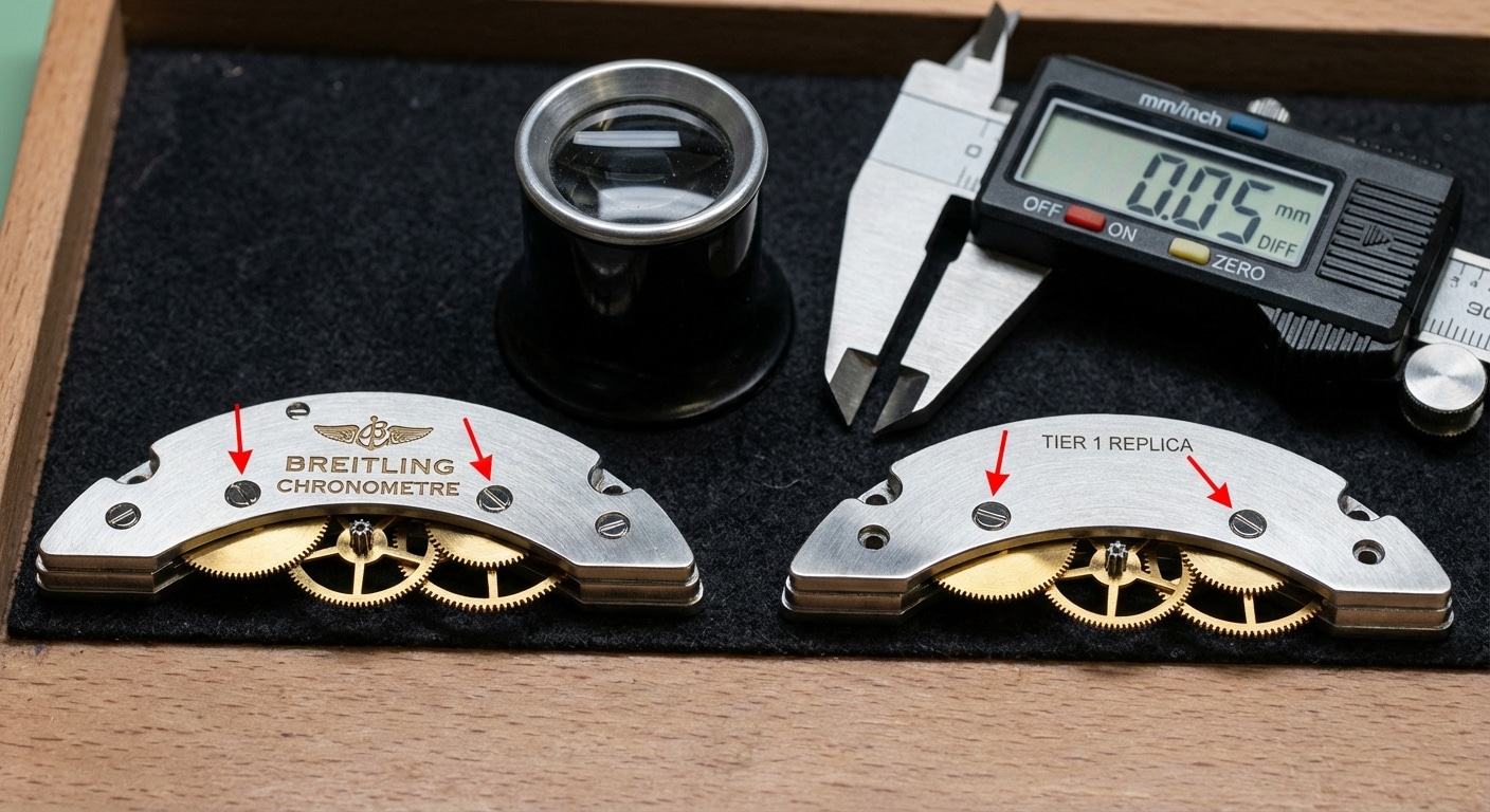 Macro photograph comparing screw spacing on authentic versus Tier 1 replica movement bridges