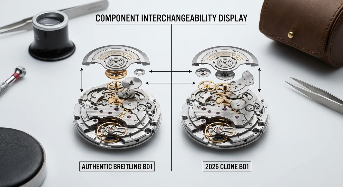 Exploded view comparison of authentic Breitling B01 and 2026 Clone B01 movement modules showing component interchangeability