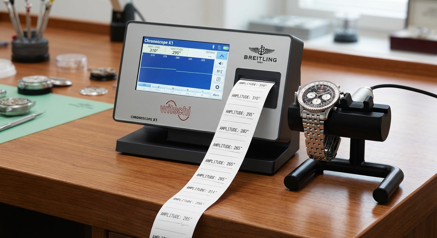 Witschi Chronoscope X1 timegrapher with printed amplitude readings showing progressive decline over multiple measurement sessions