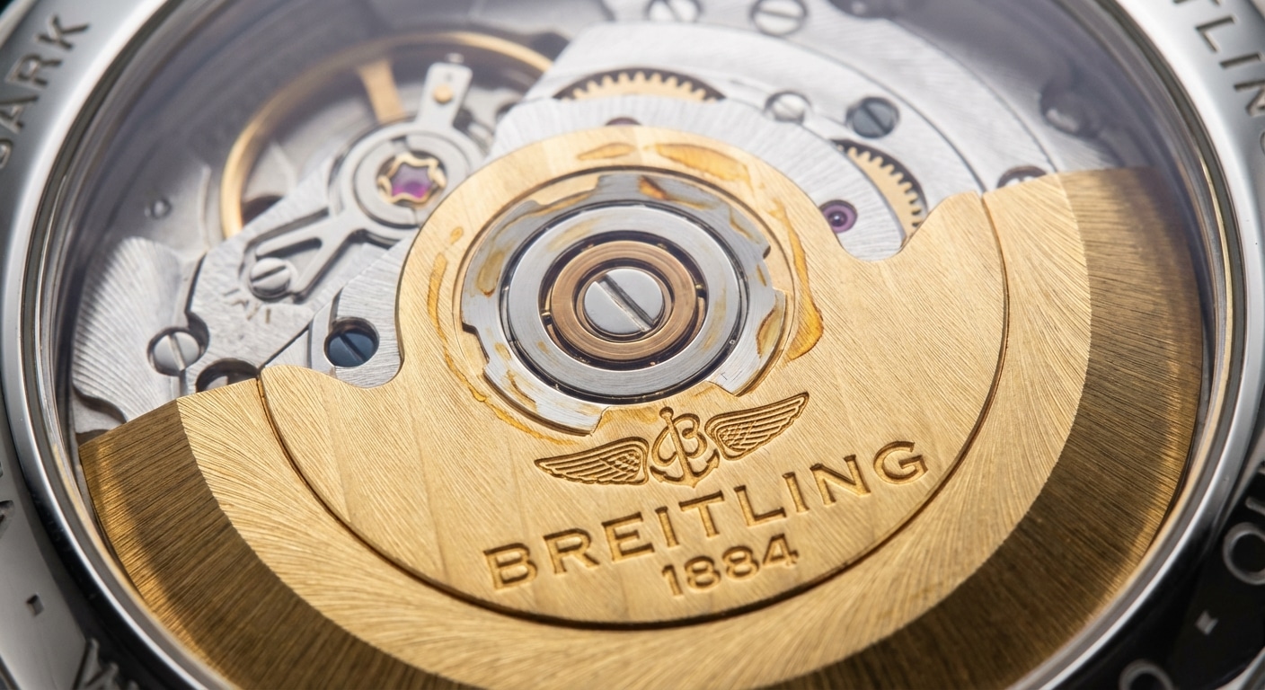 Close-up of Breitling automatic movement rotor with visible lubricant residue patterns indicating extended static storage