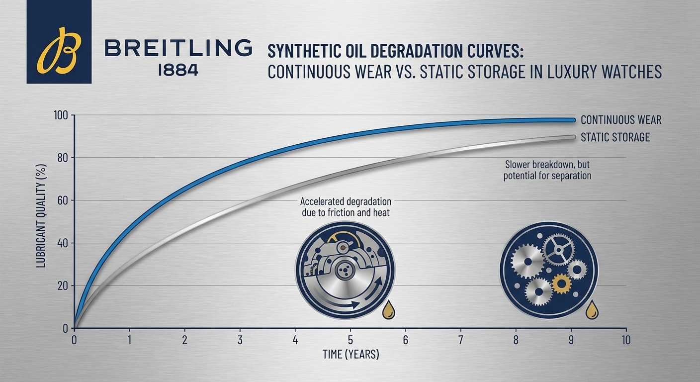 Comparative diagram showing lubricant degradation curves for synthetic oils under continuous wear versus static storage conditions