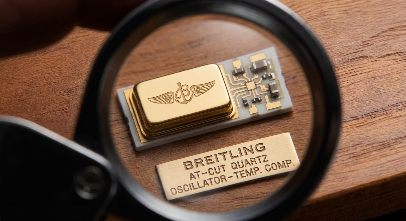 AT-cut quartz crystal oscillator component with temperature compensation circuitry visible under magnification