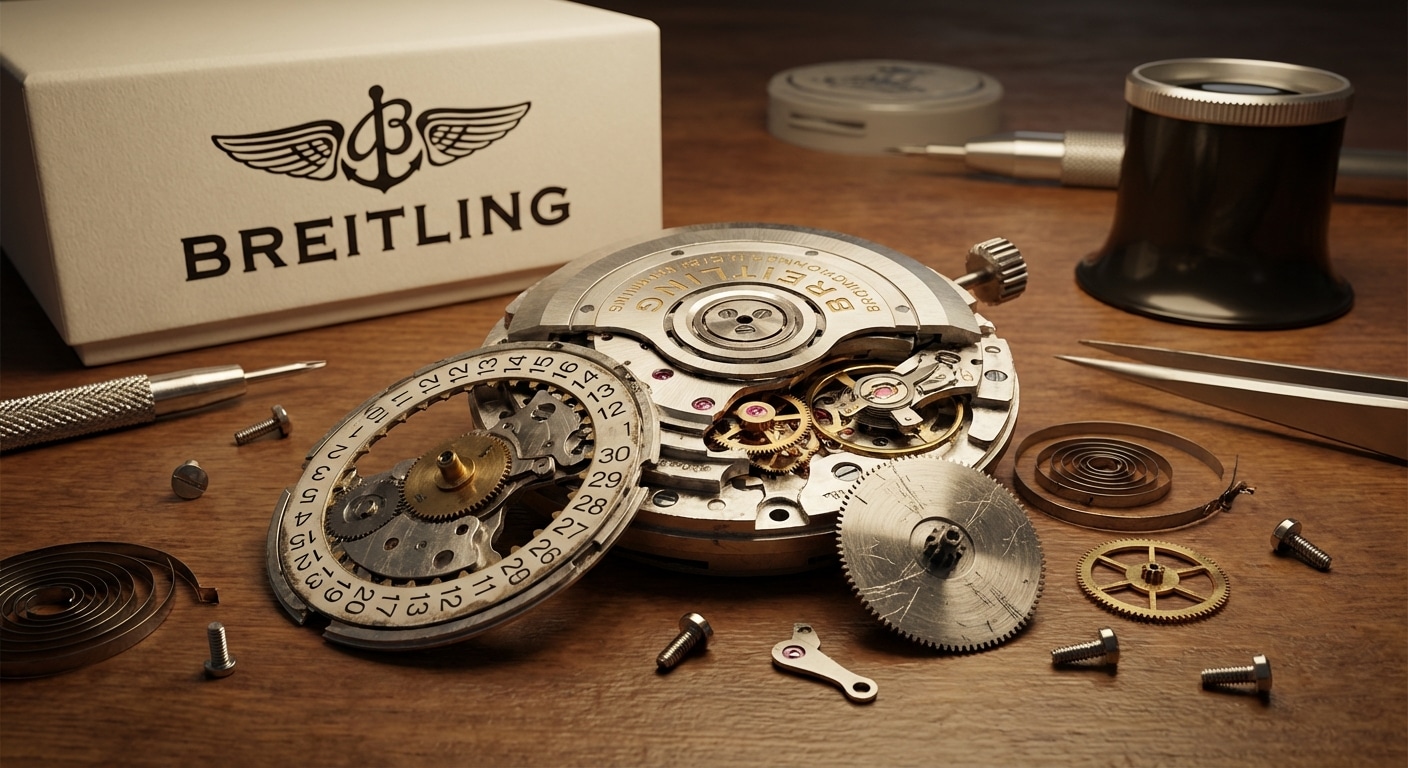 Close-up view of disassembled Breitling B01 chronograph movement components showing damaged calendar mechanism parts on watchmaker's workbench