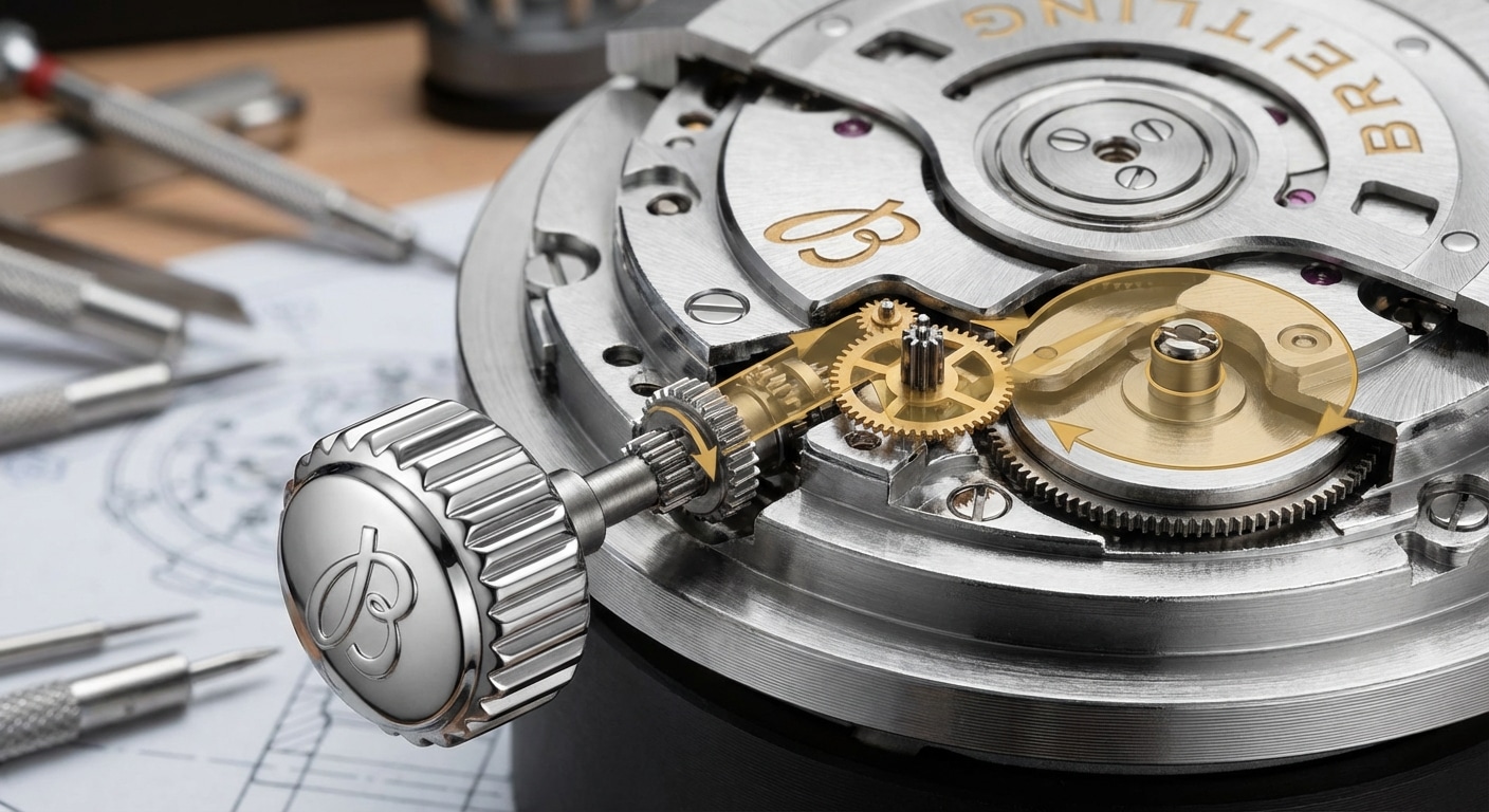 Close-up of Breitling B01 crown and stem assembly showing torque transmission path from winding pinion to barrel arbor