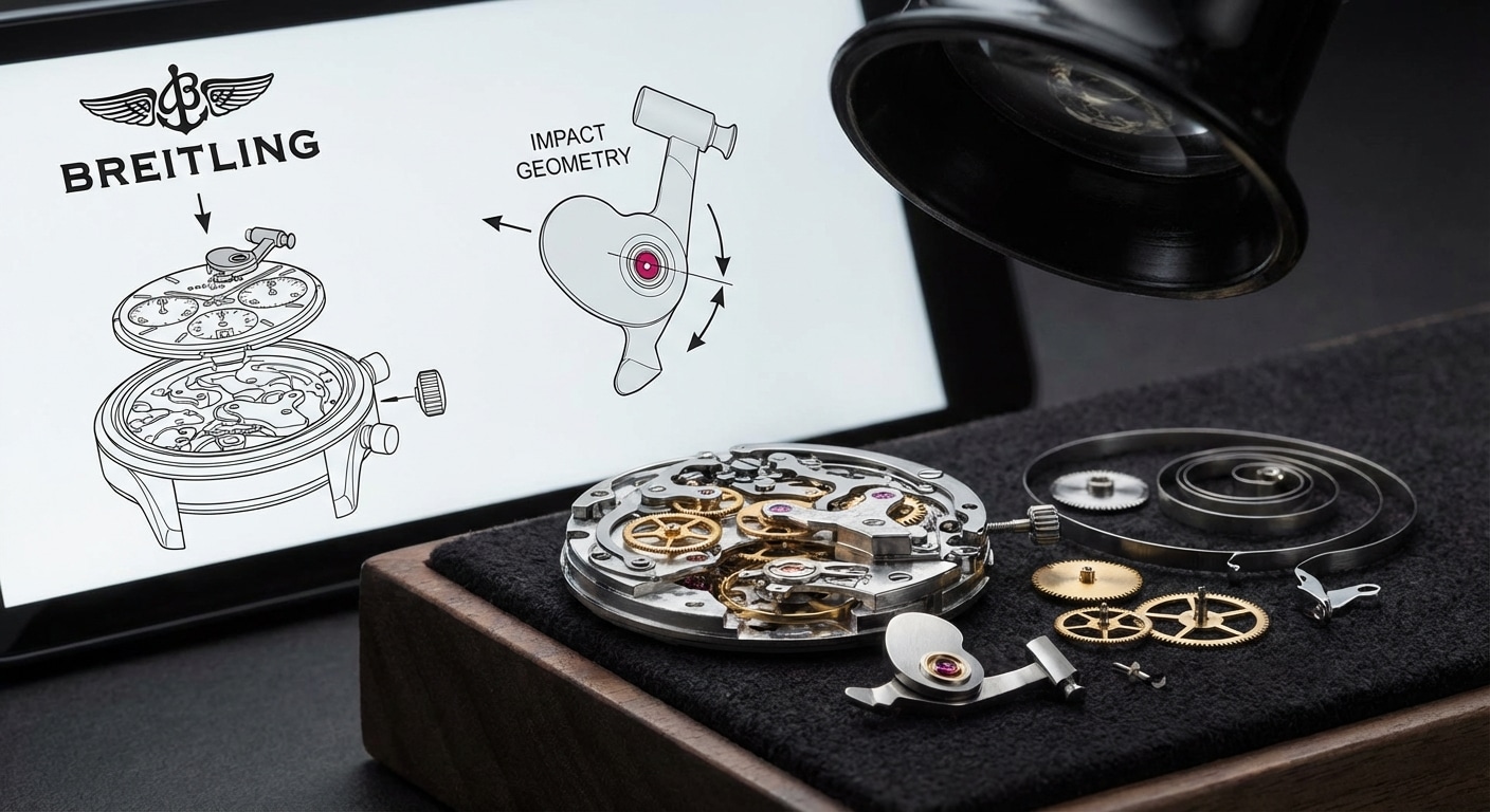 Exploded view of chronograph heart-piece cam and reset hammer assembly showing impact geometry and jeweled pivot location