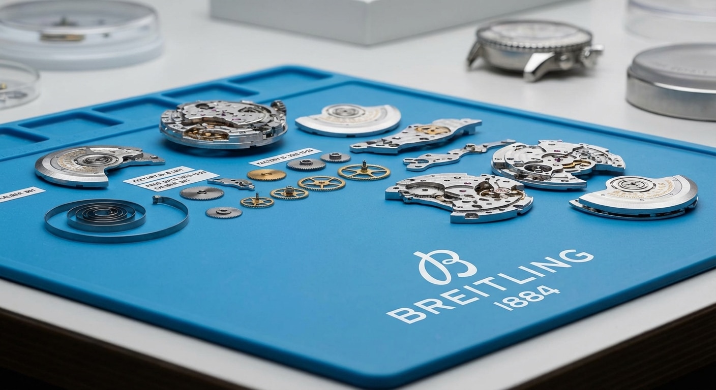 Collection of disassembled watch movements arranged on anti-static mat with factory identification labels and production date markings visible