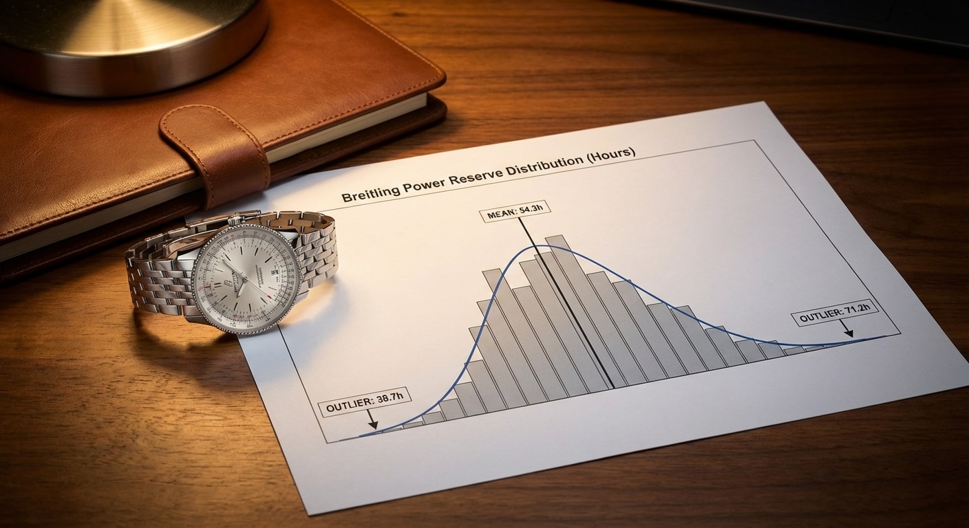 Statistical histogram showing power reserve distribution with bell curve overlay, mean marker at 54.3 hours, and outlier annotations at 38.7 and 71.2 hours