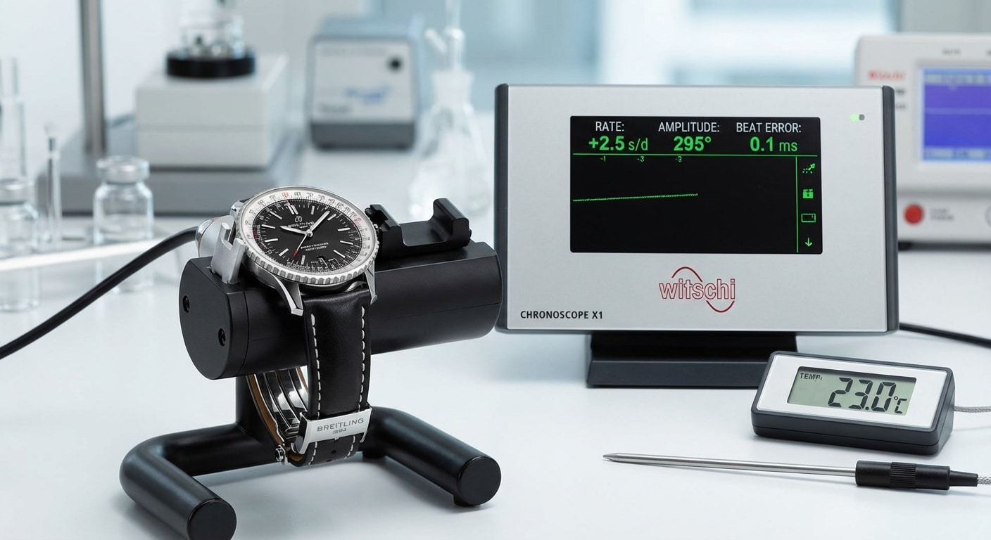 A Witschi Chronoscope timegrapher displaying rate measurements in a controlled laboratory environment with temperature monitoring equipment visible