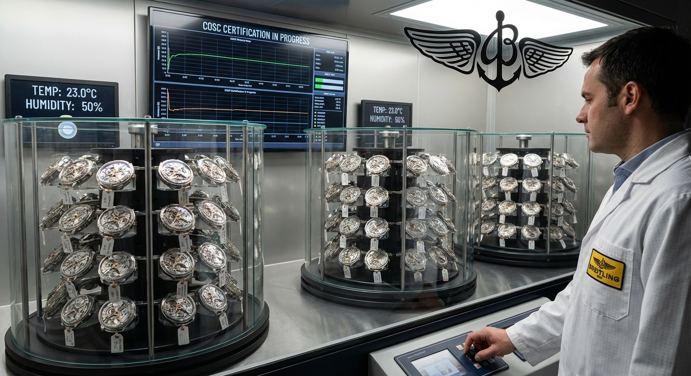 Interior view of a climate-controlled COSC testing chamber showing multiple movements mounted on rotating racks with digital monitoring displays