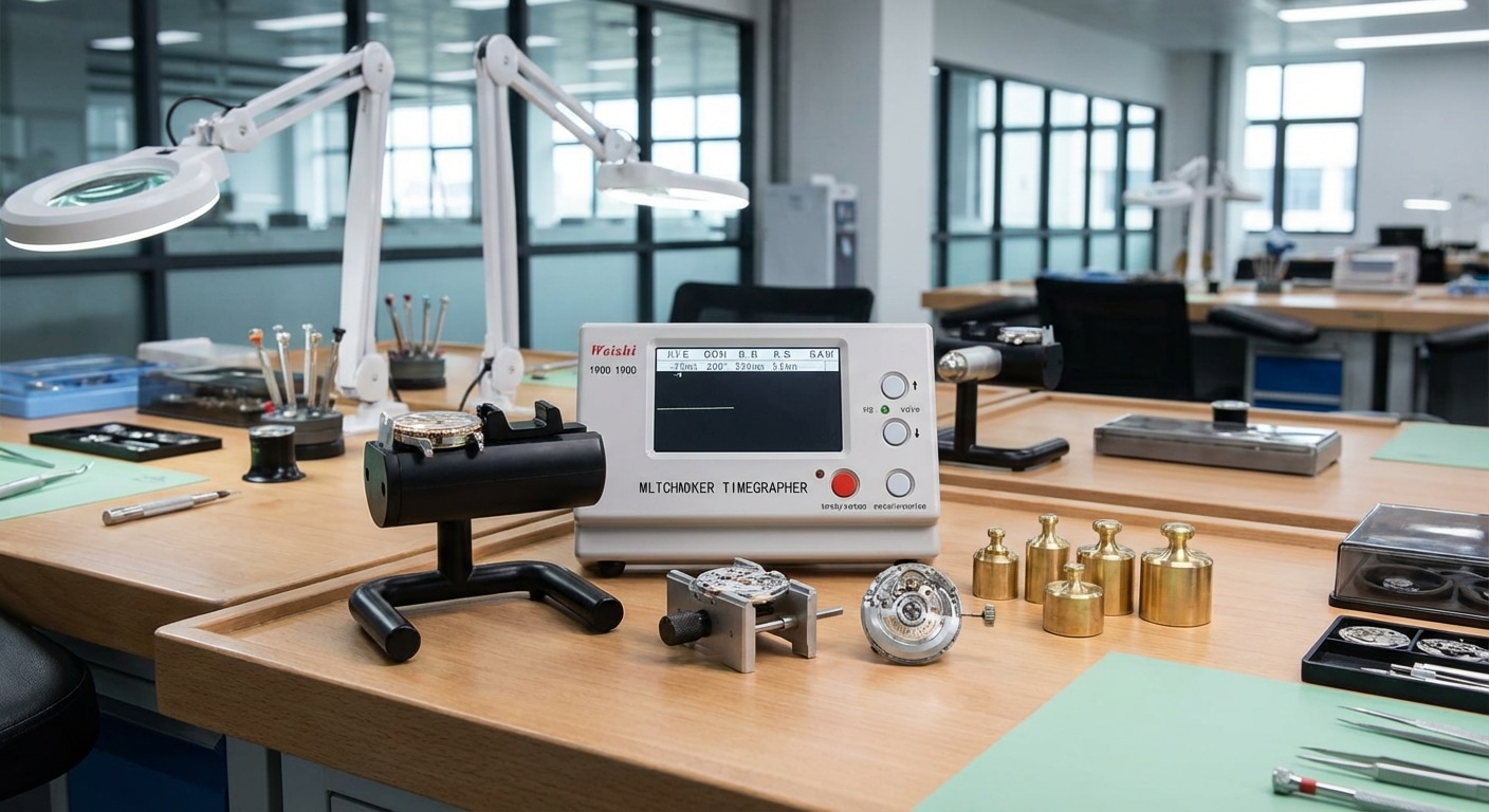 A Weishi Timegrapher 1900 series device on a workbench alongside movement holders and calibration weights in a Guangdong assembly facility