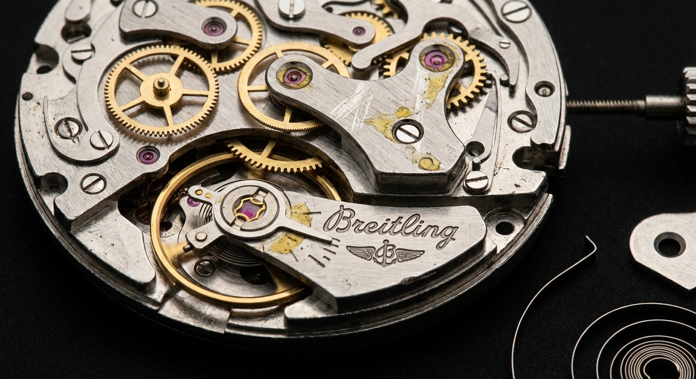A disassembled Shanghai 7750 chronograph movement showing visible wear on the automatic bridge and dried lubricant residue in the jewel settings, photographed under studio lighting against a black background
