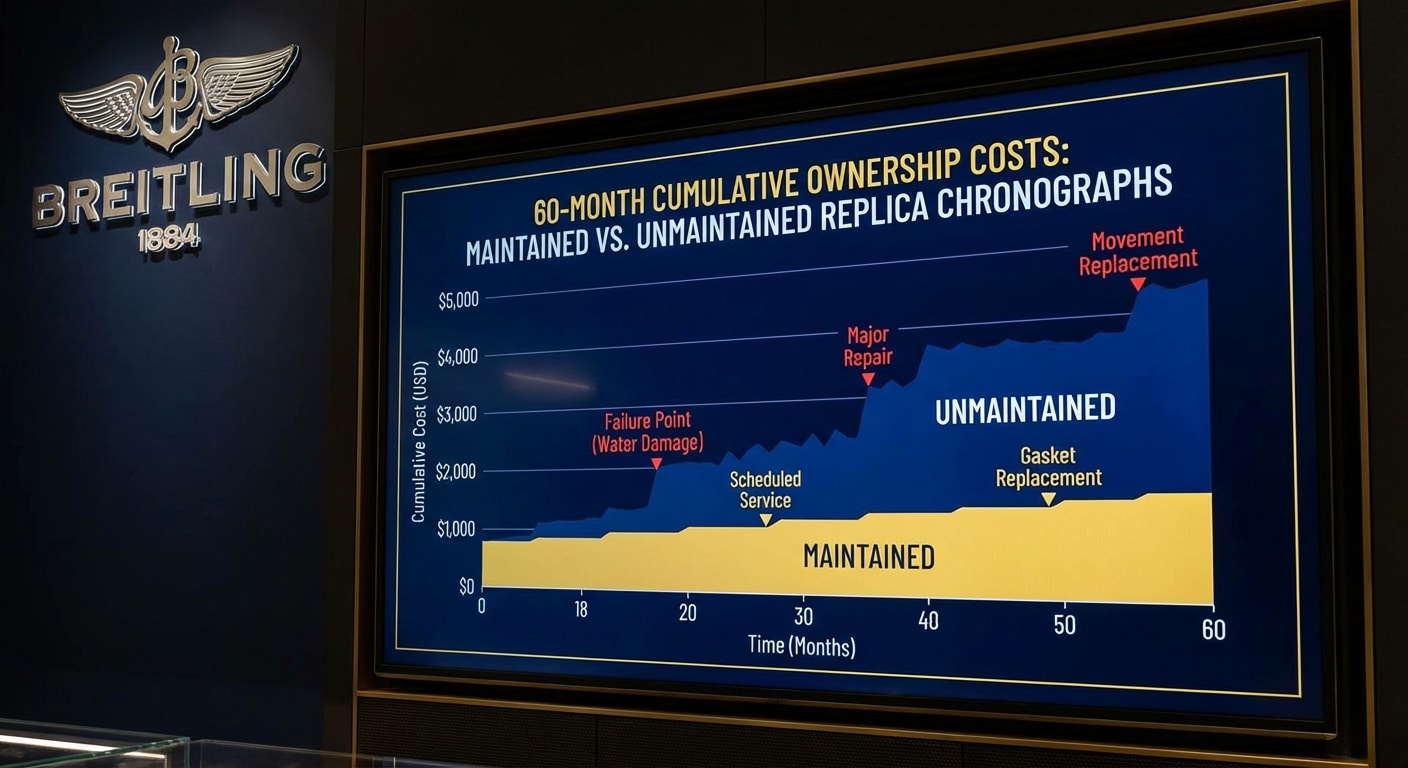 Comparative bar chart showing cumulative ownership costs over 60 months for maintained versus unmaintained replica chronographs, with annotations indicating failure points and replacement events