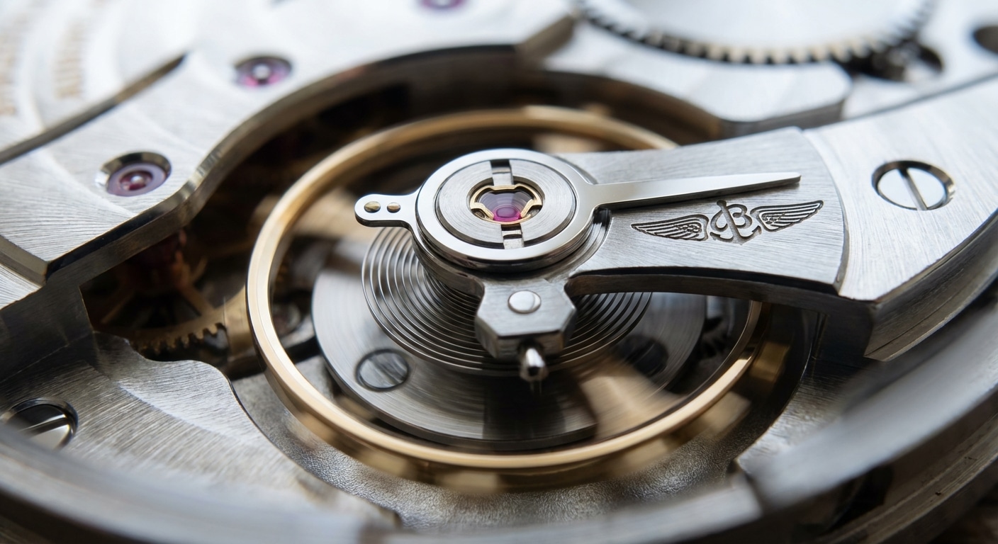 Macro photograph of balance wheel oscillating at 4Hz showing hairspring expansion and pallet fork engagement geometry