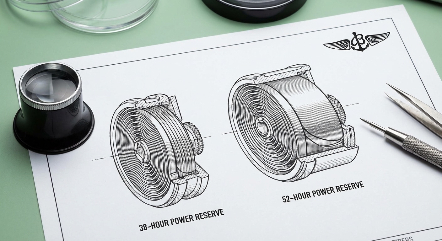 Cross-section diagram comparing mainspring barrel dimensions between 38-hour and 52-hour power reserve configurations