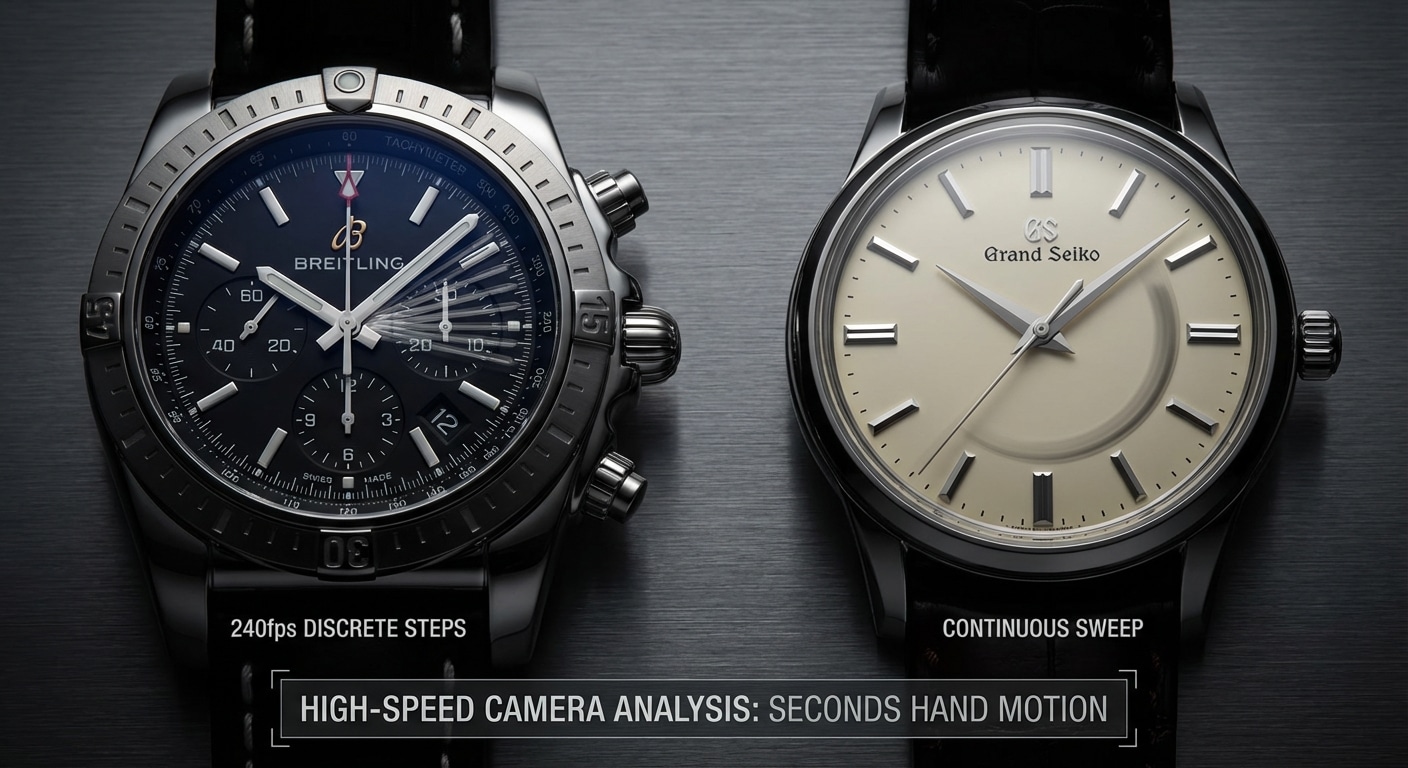 Comparison of seconds hand motion blur at 240fps showing discrete positional steps versus continuous sweep