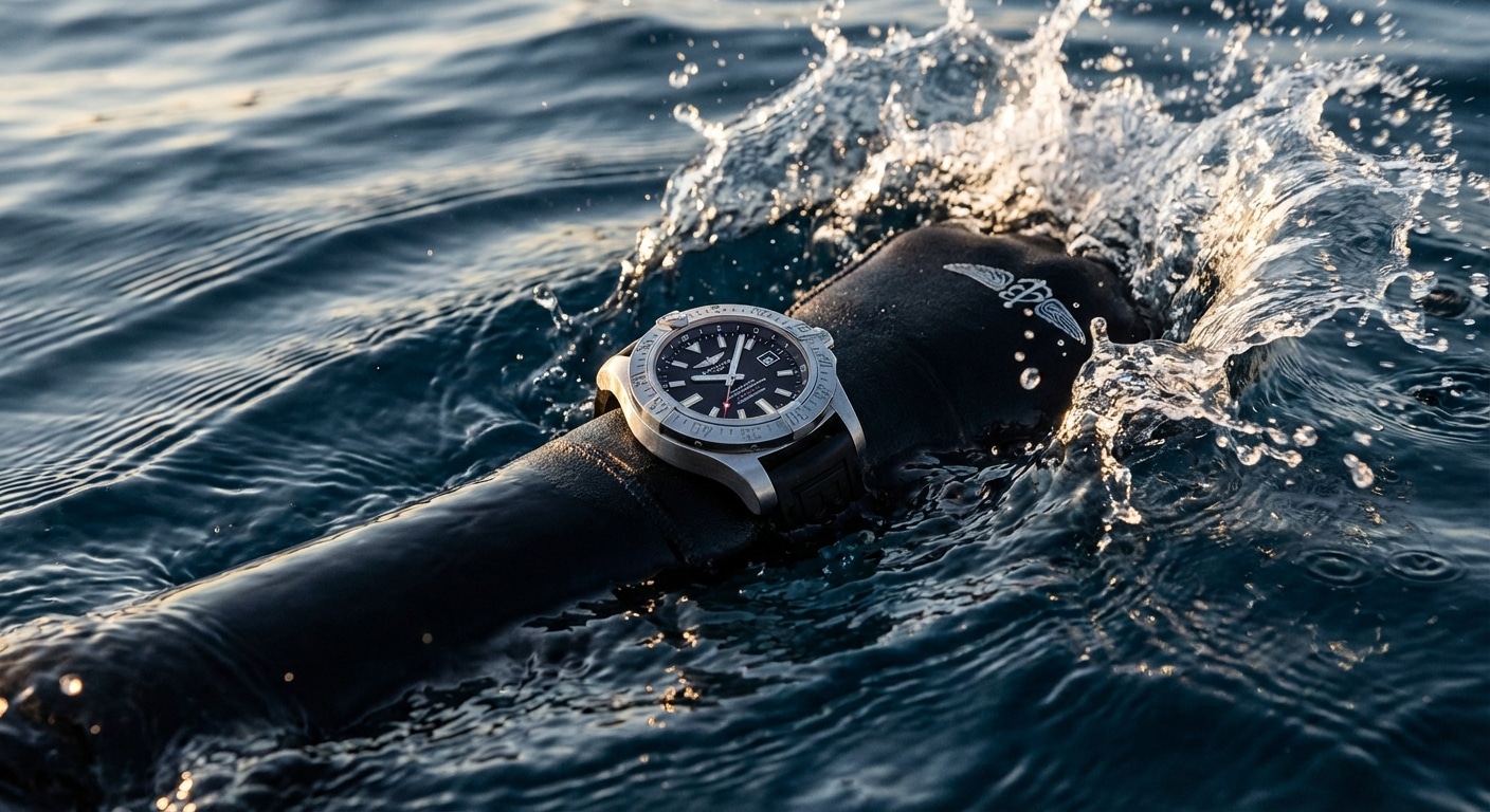 Diver's arm breaking water surface with watch visible, capturing dynamic splash and pressure wave effects