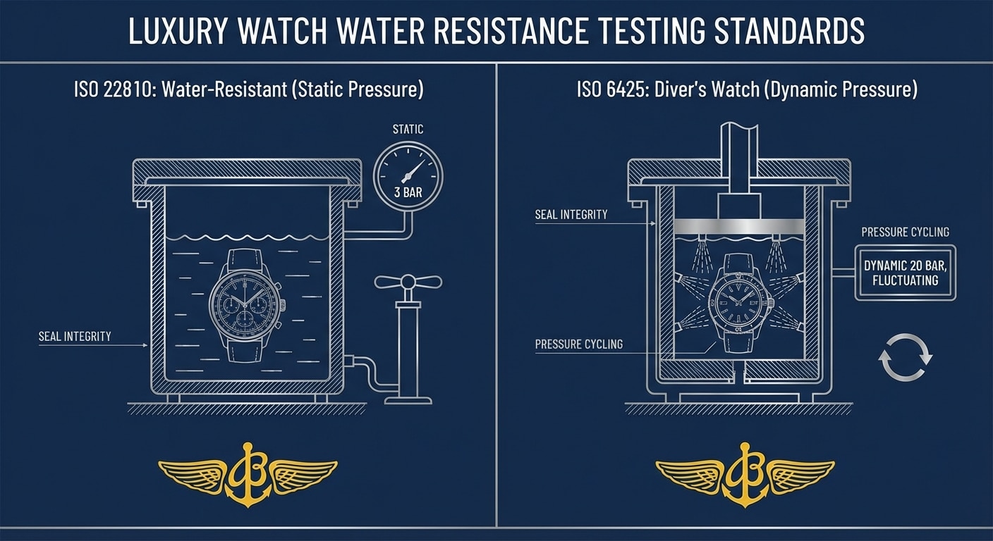 Side-by-side comparison of ISO 22810 and ISO 6425 testing apparatus diagrams showing static versus dynamic pressure chamber configurations