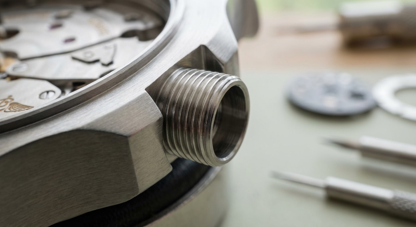 Macro photograph of watch crown tube threads showing machining marks and thread profile detail under magnification